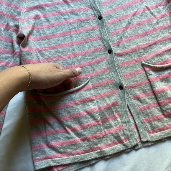 DEMYLEE heather grey pink striped cashmere knit button up long sleeve cardigan - Picture 2 of 5